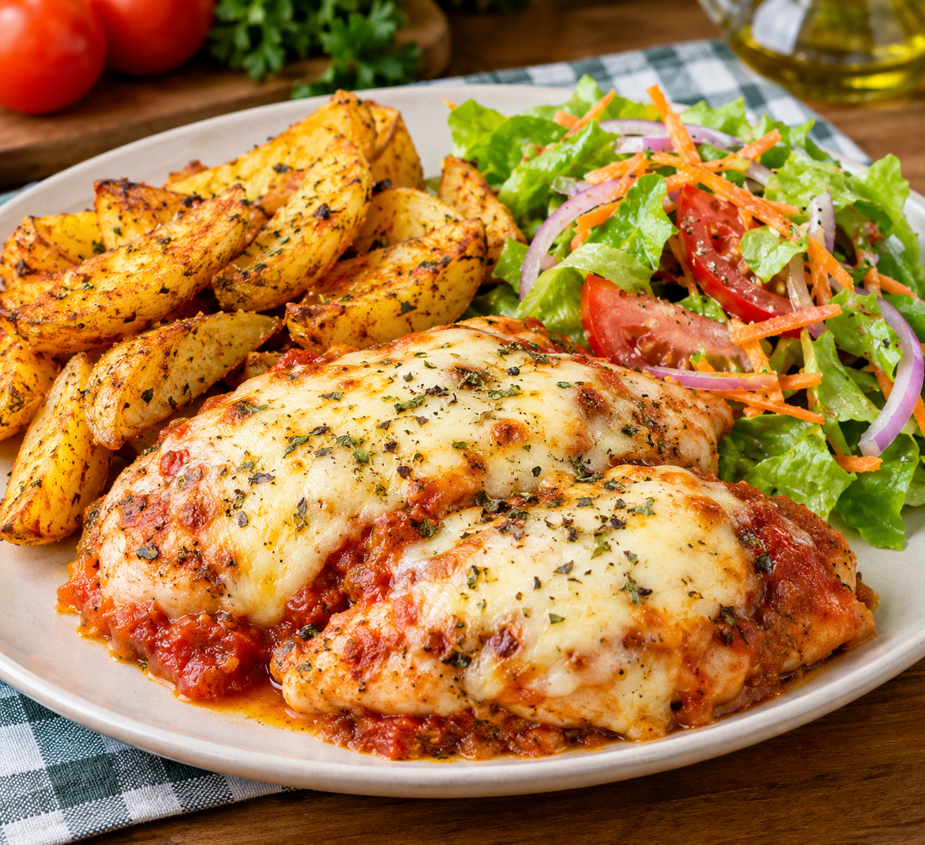 Pollo a la pizzaiola con papas y ensalada